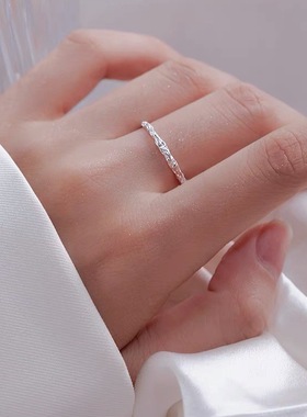 s925皱糖纸纯银戒指女个性小众设计食指戒素戒ins冷淡风开口戒夏