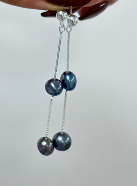 925纯银灰色珍珠耳线长款链条流