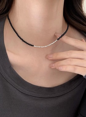 S925纯银碎银玛瑙项链女不规则黑色拼接锁骨链简约小众设计感项饰