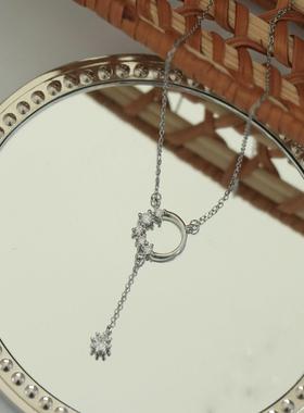 S999足银花环流苏项链女圆圈镶钻锁骨链ins小众设计吊坠纯银项饰
