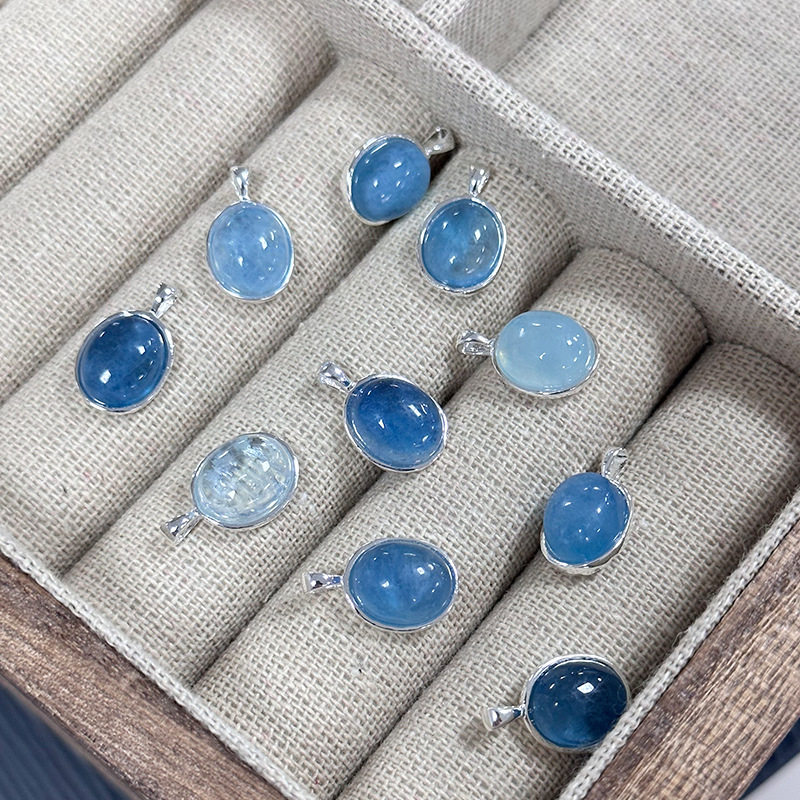 925纯银天然海蓝宝吊坠简约时尚