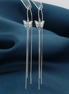s925纯银超仙蝴蝶个性简约耳链时尚ins耳线流苏防丢耳环女623EX