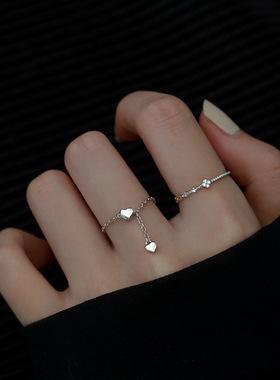 爱心s925纯银戒指女小众设计2023年新款潮戒链轻奢可调节食指指环