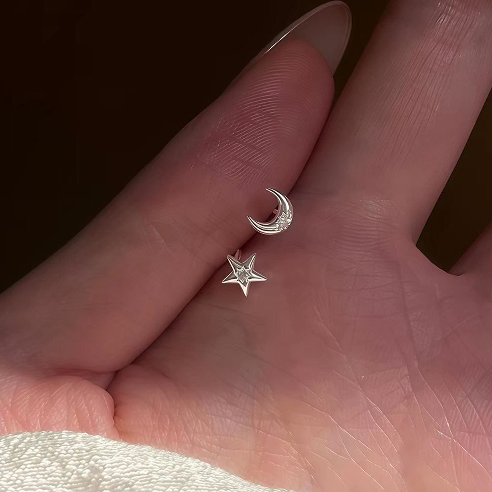 S999足银不对称星月耳钉女独特精