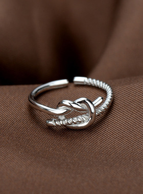 韩版森系冷淡风爆款配饰绳结螺纹线条素圈s925纯银戒指女百搭礼物