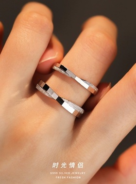 999足银几何棱形情侣戒指简约气质百搭指环男女一对开口设计手饰