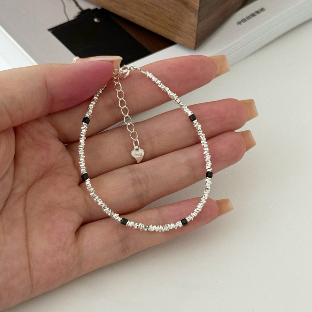 S925纯银方形黑玛瑙碎银子手链女