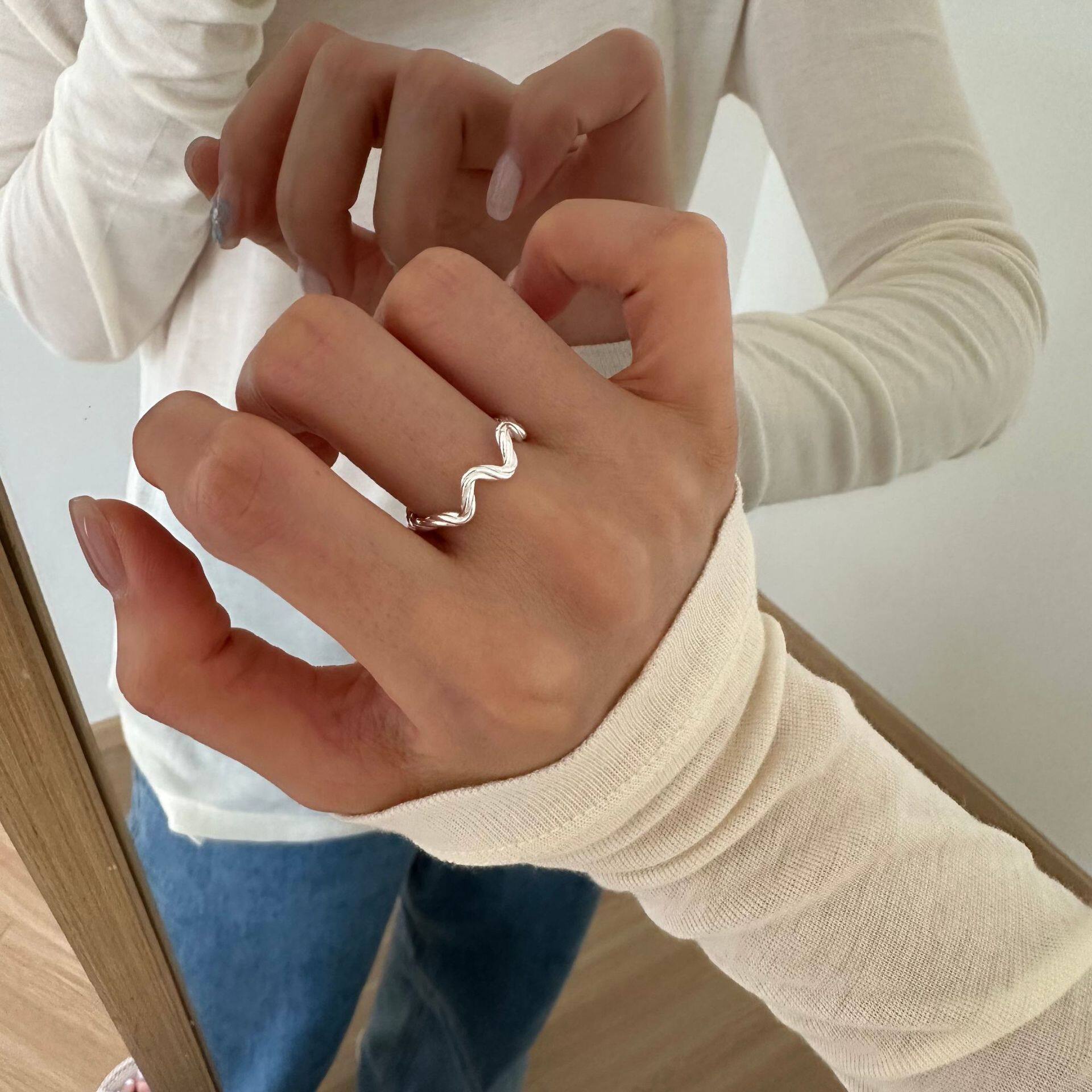 925纯银不规则波浪麻花戒指女简约小众设计时髦个性开口指环0239A