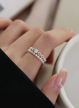 s925纯银双层锆石皇冠戒指女小众设计感甜美开口可调节指环食指戒