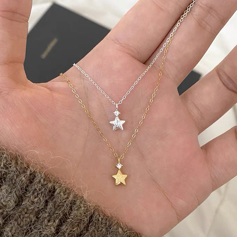S925纯银简约锆石拉丝星星项链女