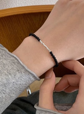 S925纯银手链女碎银黑玛瑙拼接手环轻奢小众高级感手饰送女友礼物