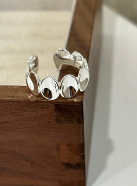 纯银戒指韩国ins简约个性冷淡风s925凹面椭圆拼接戒指女开口指杯