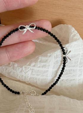 黑色串珠蝴蝶结S925纯银手链女时尚个性手环甜酷辣妹风配饰手饰品