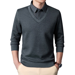 广东普宁衬衫加绒加厚假两件针织衫男衬衫领冬季保暖男装中老年毛