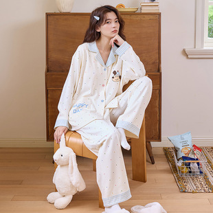 广东揭阳睡衣女款春秋季纯棉长袖格子开衫卡通全棉大码家居服套装