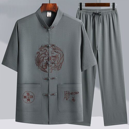 中老年爸爸装男士唐装短袖套装