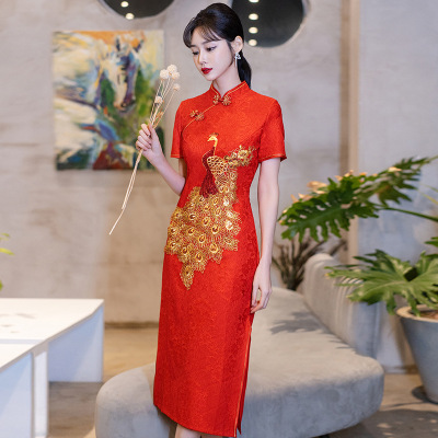 婚礼旗袍夏季新款女红色旗袍短袖