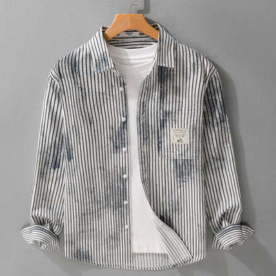 广东普宁衬衫男复古条纹印花