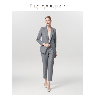 TieForHer Tzee8系列海鸥灰双排扣职业修身通勤女士西装西服套装