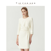 TieForHe r圆领腰部捏褶优雅简约职场 早春通勤连衣裙女