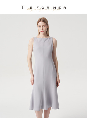 TieForHer Marie人鱼裙 云灰色一字领立裁显瘦日常优雅通勤连衣裙
