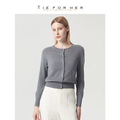 女高智感圆领长袖 TieForHer BGK系列灰色针织开衫 通勤显瘦外套