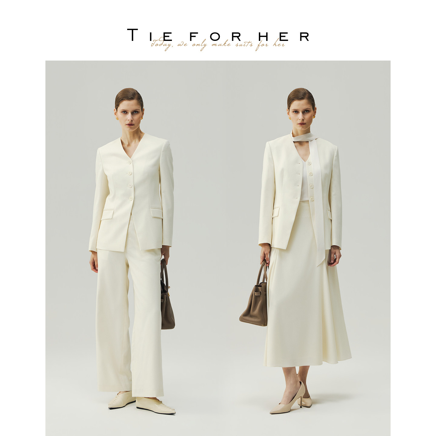 TieForHer 香草蛋羹色V领单排扣外套马甲连衣裙直筒裤 26早秋新款