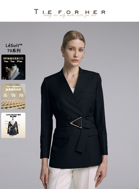 TieForHer Leona黑色羊毛西装外套 女士收腰显瘦通勤职场上衣