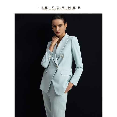TieForHer Tzee10系列 薄荷绿戗驳领西装上衣外套九分裤套装新品