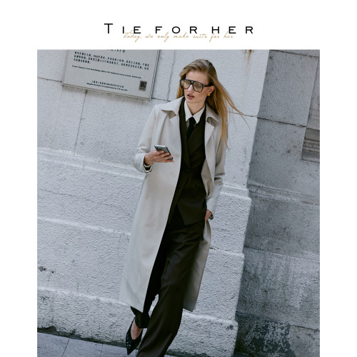 TieForHer燕麦米色长款风衣极简收腰系带通勤显瘦外套 26早秋新款