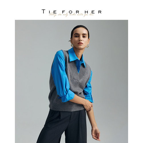 【会员专享】TIE FOR HER女神灰V领丝毛羊绒马甲