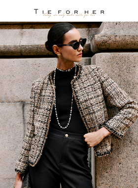 TieForHer 【复古画报】法式优雅金咖色小香风气质短外套上衣女
