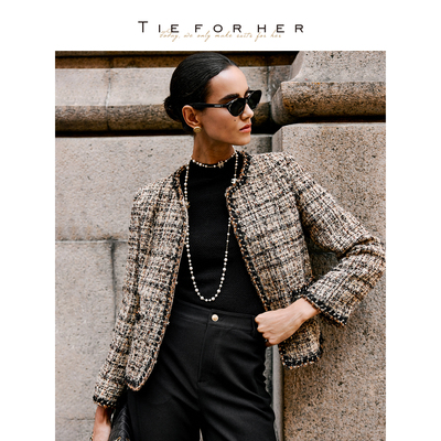 TieForHer 【复古画报】法式优雅金咖色小香风气质短外套上衣女