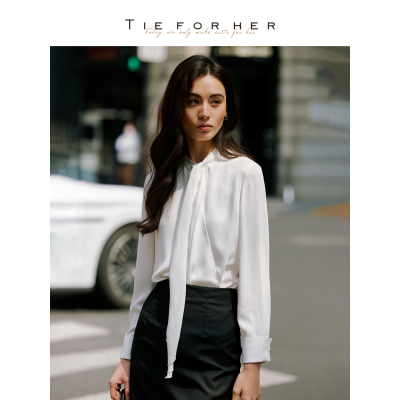 TieForHer 2026夏新款莹白玉米黄法式优雅飘带长袖衬衫上衣女