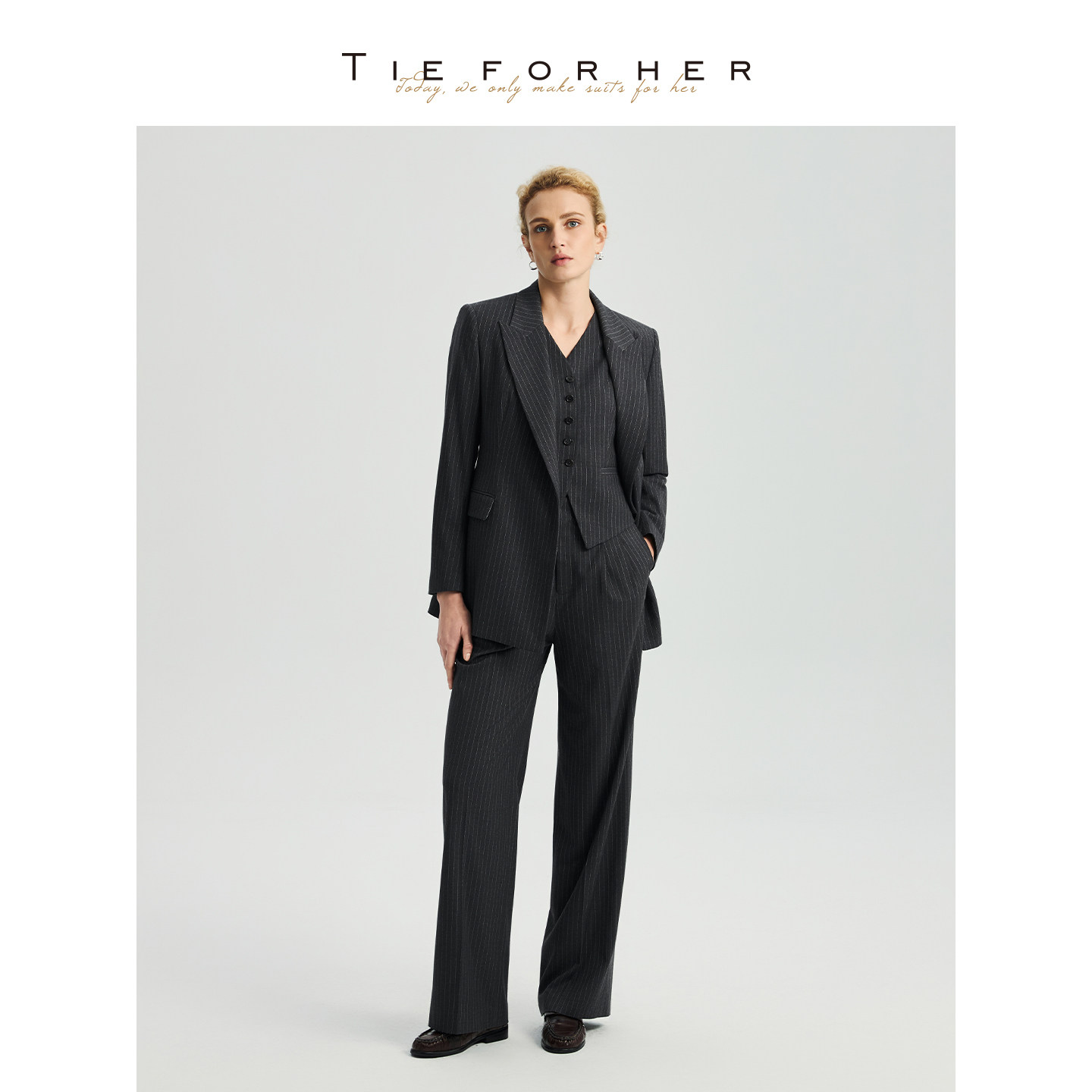 TieForHer 智性灰静奢风廓形条纹高端通勤西装外套马甲直筒长裤女,女装/女士精品,职业女裤套装,淘宝优惠券,粉丝福利购,淘宝优惠卷