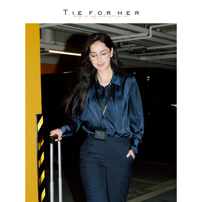 TieForHer 深海蓝光泽感垂坠优雅职场通勤百搭小方领捏褶衬衫