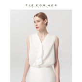 衬衫 TieForHer月光白V领荷叶边高级感职场通勤法式 优雅无袖