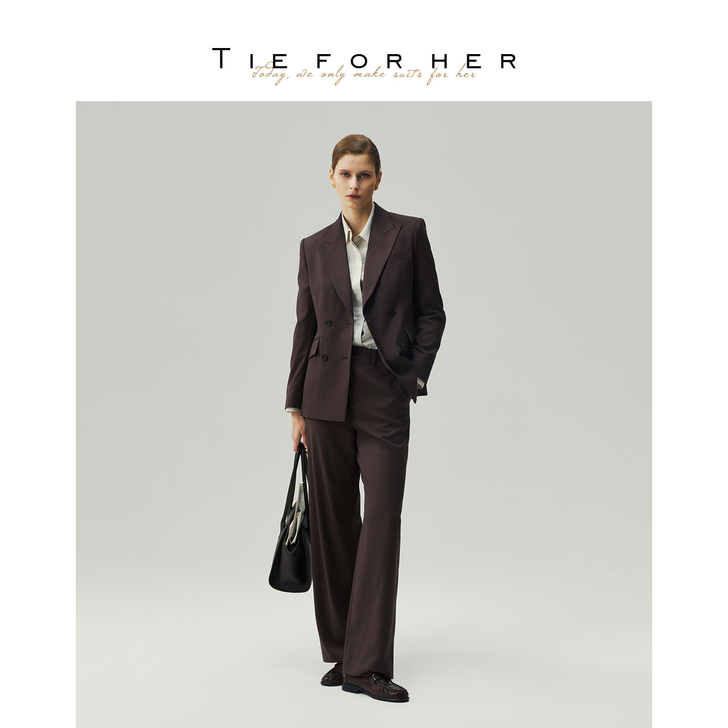 TieForHer 乌木棕颗粒纹高腰合体直筒裤显瘦通勤长裤 26早秋新款