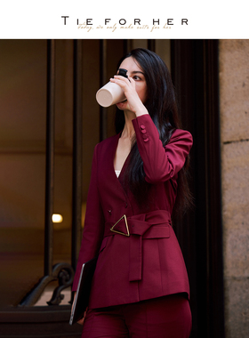 TieForHer安可拉红古法金塔扣束腰修身职场通勤高智女士西装上衣