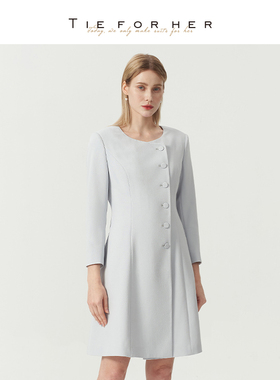 TieForHer蓝色法式淡人连衣裙收腰修身通勤西装裙