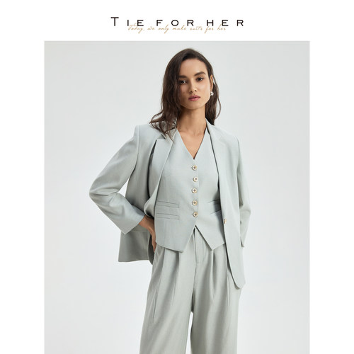 TieForHer 【心动offer】2026夏新款clean fit浅绿亚麻西装马甲裤