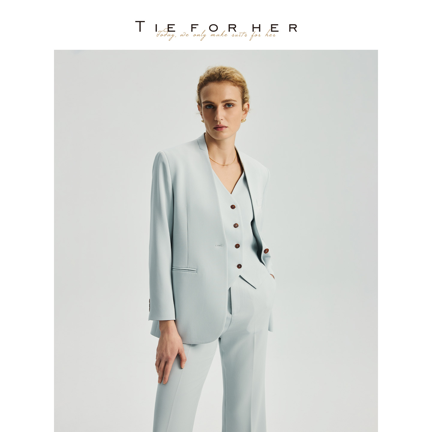TieForHer 浅灰蓝可拆卸马甲两件套西装外套女优雅日常通勤套装
