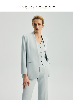 TieForHer 浅灰蓝可拆卸马甲两件套西装外套女优雅日常通勤套装
