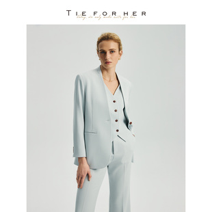 外套女优雅日常通勤套装 TieForHer 浅灰蓝可拆卸马甲两件套西装