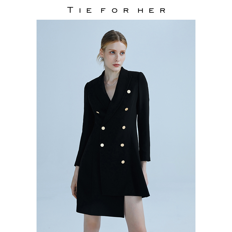 【EV系列】TieForHer 朱珠同款西装裙不规则双排扣醋酸收腰连衣裙