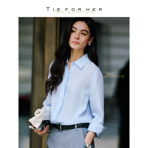 TieForHer 夏季新款浅蓝色含亚麻小方领衬衫女简约通勤气质衬衣