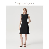 TieForHer巴黎小黑裙一字领无袖 收腰优雅显瘦连衣裙女早春新款