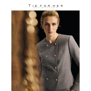 Tie For Her旗舰店TieForHer 复古格纹小香风智性羊毛双排扣圆领短外套短西装半身裙