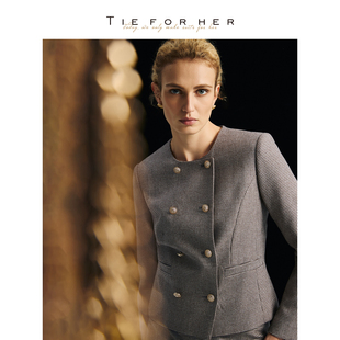 TieForHer 半身裙 复古格纹小香风智性羊毛双排扣圆领短外套短西装