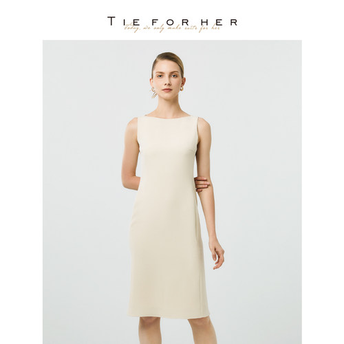 香草蛋羹色一字领无袖醋酸连衣裙